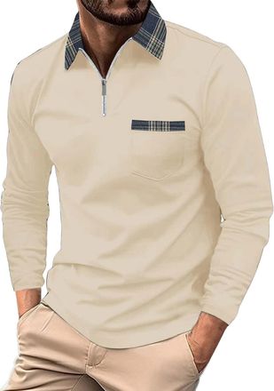 Generic Back Long Sleeve Top Mens Cowboy Shirt Men Longline Long Sleeves Tees Tops Solid Color Zip Up V Neck Tees Tops Plaid Lapel Chest Pocket Regular Fit T-