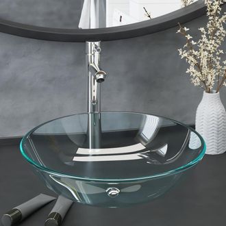 Berkfield Home Bathroom Sink with Tap & Push Drain Clear Tempered Glass in Black