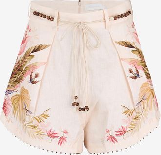 Zimmermann Leinenshorts mit hoher Taille und Palmenprint Ascension Tuck