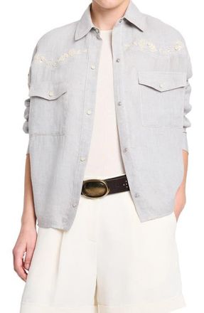 TWP Carter Embroidered Yoke Snap Top in Light Heather Grey at Nordstrom, Size X-Large