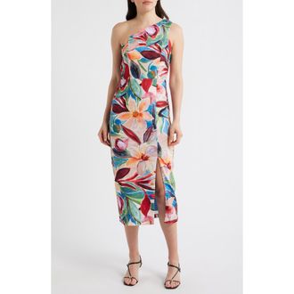 Vince Camuto One-Shoulder Tropical Floral Midi Dress in Blue Multi at Nordstrom, Size 16
