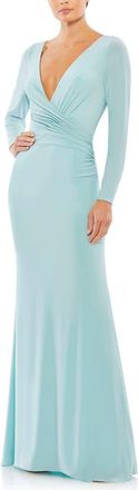 Mac Duggal Long Sleeve Ruched Jersey V-Neck Gown in Powder Blue at Nordstrom, Size 2