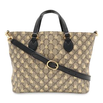 Gucci Beige Black Gold Gg Supreme Canvas Leather Handbag Shoulder Bag Tote Bag (Pre-Owned)