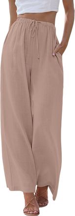 Generic Womens Linen Trousers UK Lightweight Drawstring Elasticated High Waisted Palazzo Pants for Women Casual Wide Leg Trousers with Pockets Ladies Summer L