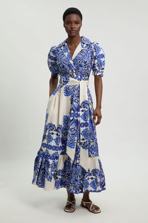 Karen Millen Womens Tile Print Cotton Poplin Midi Dress - Blue - Size 10 UK