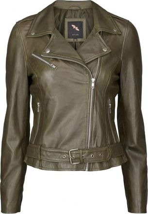 BTF-CPH Olijfgroene Bikerjas met Gouden Details - Dames - Leren en Su&egrave;de Jassen - Groen - XS - Leer - Jassen