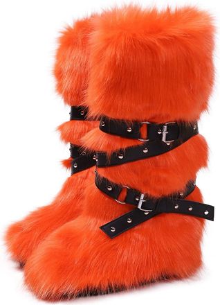 Generic Womens Winter Knee High Boots Fluffy Faux Fur Boots With Thick Fleece Lining Cozy Snow Boots Available In Plus Sizes(Orange,5.5)