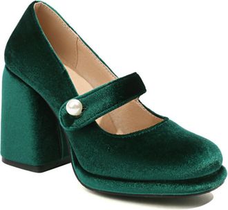 Generic Womens Block Heel Velvet Court Shoes - Pearl-Ankle Strap Pumps for Evening Events & Work 9CM,Green,1.5 UK