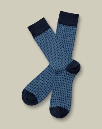 CHARLES TYRWHITT Houndstooth Socks - Mid Blue & Navy Size 10.5-13 by Charles Tyrwhitt