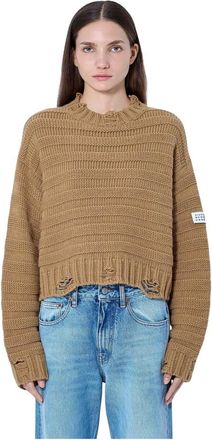 Maison Margiela Truien & Vesten, Dames, Bruin, XS, Gebreide trui met ribbelstructuur
