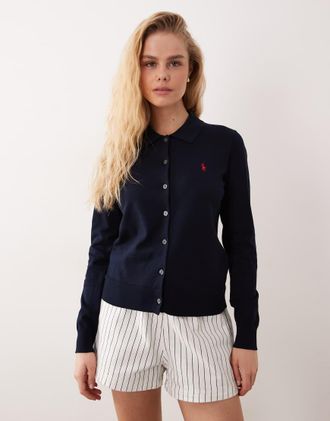 Polo Ralph Lauren Cardigan in maglia di cotone pima blu navy con logo a icona