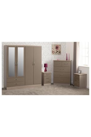 Seconique Nevada 4 Door 2 Drawer Mirrored Wardrobe Bedroom Set in Taupe