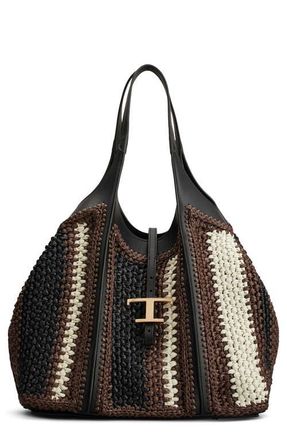 Tod's Medium T Timeless Crochet Raffia & Leather Shopping Bag in T.moro/Nero/Mastice at Nordstrom