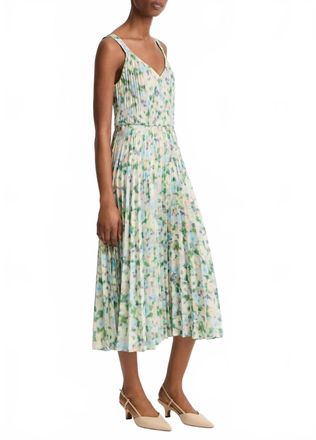 Vince Painted Garden V-Neck Pleated Dress In Herb Petal