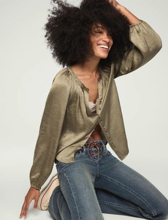 Lucky Brand Womens Long Sleeve Raglan Peasant Top