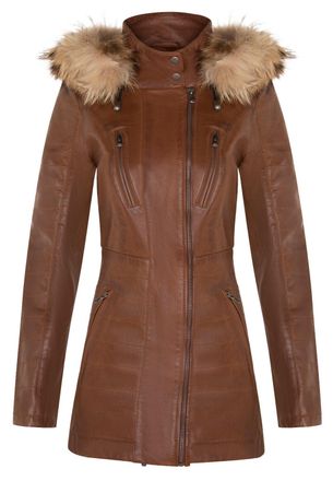 Infinity Leather Womens Slim Fit Hooded Parka Jacket-Northam - Tan Lamb Leather - Size 14 UK