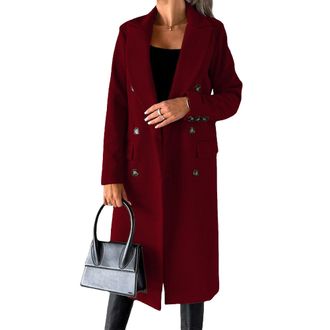 Generic Womens Mid-Long Wool Trench Coat Notched Lapel Double Breasted Wool Blend Overcoat Winter Coats for Women, Wine Red, XL