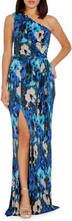 Dress The Population Bella Floral Pliss&eacute; One-Shoulder Gown in Cobalt Multi at Nordstrom Rack, Size X-Small