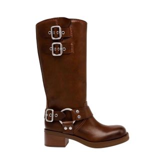 Steve Madden Motorrijlaarzen voor dames in oosterse stijl, van leer en met gespdetails (Bruin)