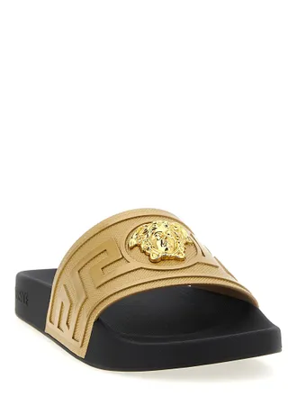 Versace Metal Medusa Logo Slides - Tan