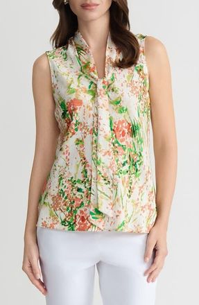 Kasper Tie Neck Sleeveless Top in Vanilla Ice Multi at Nordstrom, Size X-Large P