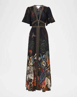 Camilla Palace Zoology Print Silk Tapered-Waist Maxi Dress