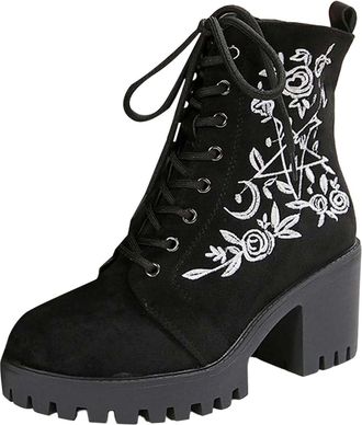 Generic Womens Ankle Boots Lace-Up Chunky Heel Platform Sole Round Toe Embroidered Combat Boots with Side Zipper Booties Casual Shoes Autumn Winter size 7.5