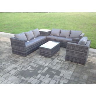Fimous Fimous Grey Rattan Sofa Outdoor Garden Furniture Rectangular Coffee Table Set Patio With Cushions With Chair