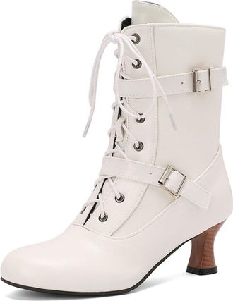 Generic Womens Round Toe PU Leather Short Boots with Side Zipper Kitten Heel Booties with Buckle Lace Up Retro Dress Shoes,White,10.5 UK