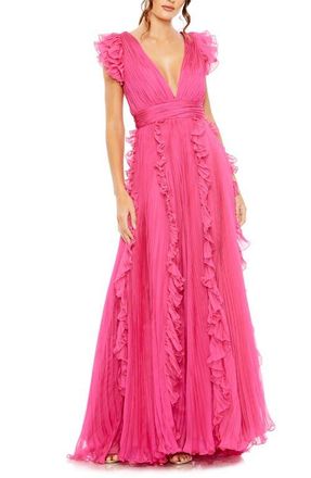 Mac Duggal Pleated Ruffle Cap Sleeve Flowy A Line Gown in Fuchsia at Nordstrom, Size 14