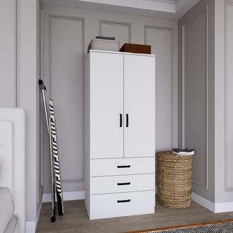 Dmora Armario 2 Puertas Sondrio, Dormitorio Percheros, 3 Cajones, Apertura Abatible, Corredera, 60x175h Cm Blanco