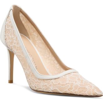 Stuart Weitzman Stuart Power 85 Lace Pointed Toe Pump in Blanco/Beige/Blanco at Nordstrom, Size 7.5