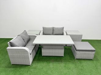 Fimous 5 Seater Outdoor Love Sofa Set Rattan Garden Furniture Set w/ Adjustable Lifting Dining or Coffee Table Big Footstool 2 Side Tables Light Grey
