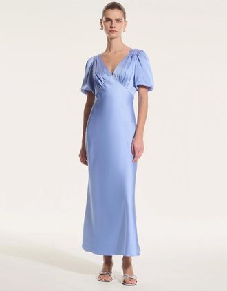 Omnes Womens Rosie Ruched Puff Sleeve Dress in Light Blue - Size: 18