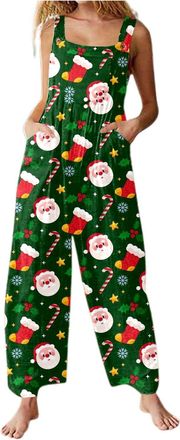 Generic Xmas Onesies Christmas Jumpsuit for Women UK Santa Claus Print Dungarees Snowman Print Tunic Long Overall High Waist Slim Fit Fitness Onsies Romper Wi