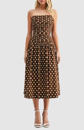 All in Favor Polka Dot Strapless Dress in Brown Cream Dot at Nordstrom, Size X-Large