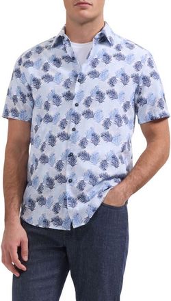 Bugatchi Orson Leaf Print Short Sleeve Button-Up Shirt in Hazy Blue at Nordstrom, Size Xxx-Large