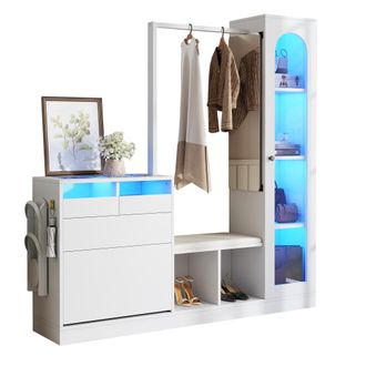 STILVORA Mueble De Entrada 6 En 1 Con Vitrina, Tocador, Banco Zapatero, Zapatero Abatible, Espejo Giratorio Y Led, Blanco