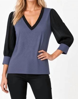 Maven West 3/4 Sleeve Mixed Media Top In Navy