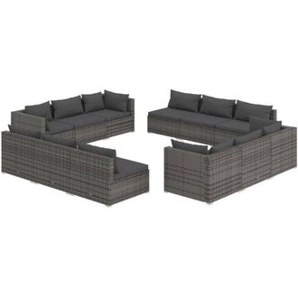 vidaXL Set De Muebles De Jard&iacute;n 12 Pzas Cojines Rat&aacute;n Sint&eacute;tico Gris Vidaxl