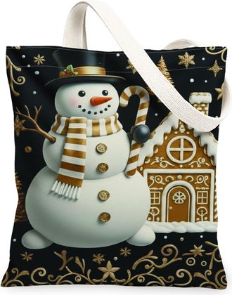 Generic Winter Snow Man Canvas Tote Bags, Gingerbread House Print Reusable Grocery Bags, Vintage Lightweight Washable Shoulder Stra, Black, 13x15 Inch