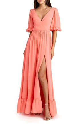 Mac Duggal V-Neck Flutter Sleeve Chiffon Faux Wrap Maxi Gown in Coral at Nordstrom, Size 16