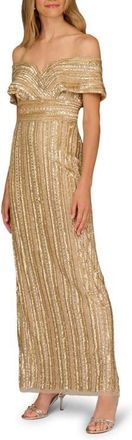 Aidan Mattox Embellished Off the Shoulder Gown in Gold at Nordstrom, Size 14