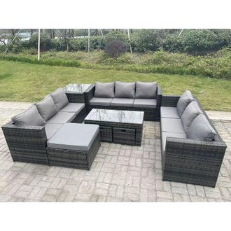 Fimous Outdoor Rattan Garden Furniture Lounge Sofa Set With Oblong Rectagular Coffee Table Big Footstool and 2 Small Stools Side Table - Fimous