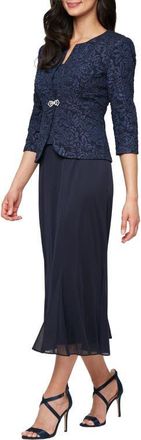Alex Evenings Jacquard Cocktail Dress with Jacket in Navy at Nordstrom, Size 14