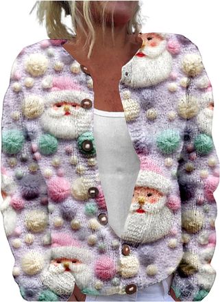 Generic Christmas Cozy Cardigans for Women UK Print Long Sleeve V-Neck Sweaters Chunky Button Down Cablle Knit Cardigan Loose Funny Graphic Sweater V-Neck Car