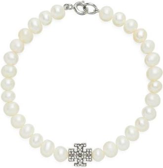 Tory Burch Moondance Pearl and Pavé Bracelet in Tory Silver /Crystal /Pearl at Nordstrom