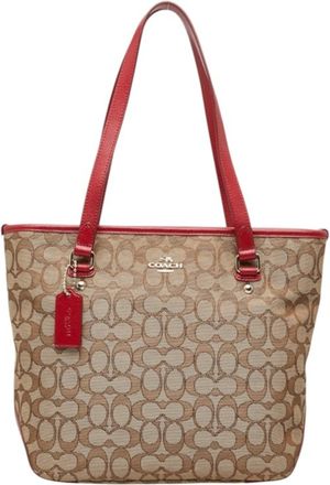 Coach Beige Red Color Canvas Leather Handbag Tote Bag (Pre-Owned)