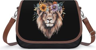 Generic Lion with Flower Crossbody Bag Womens Handbag PU Message Bags Shoulder Purse with Adjustable Strap