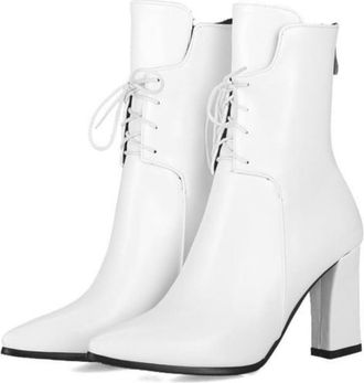 Generic Womens Lace-Up Chunky Heel Mid-Calf Boots with Pointed Toe, for Casual Everyday,White,6.5 UK